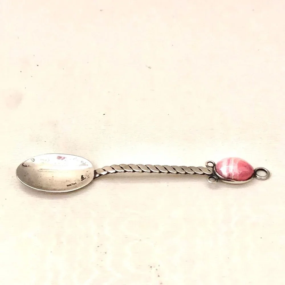 Antique Argentina Handcrafted Silver Demitasse Spoon Pink Rhodochrosite Crystal